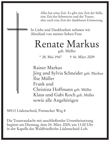 Traueranzeige von Renate Markus von Tageszeitung