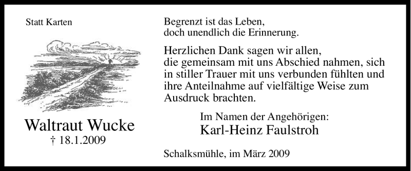  Traueranzeige für Waltraut Wucke vom 04.03.2009 aus Tageszeitung