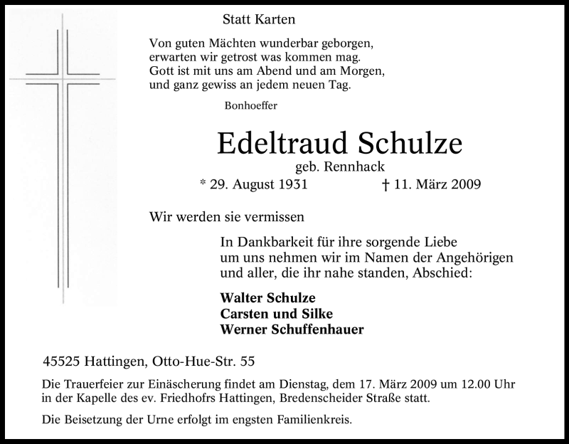  Traueranzeige für Edeltraud Schulze vom 14.03.2009 aus Tageszeitung