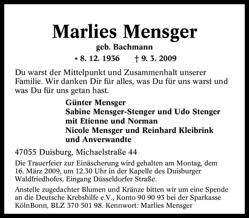  Traueranzeige für Marlies Mensger vom 11.03.2009 aus Tageszeitung