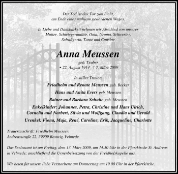 Traueranzeige von Anna Meussen von Tageszeitung
