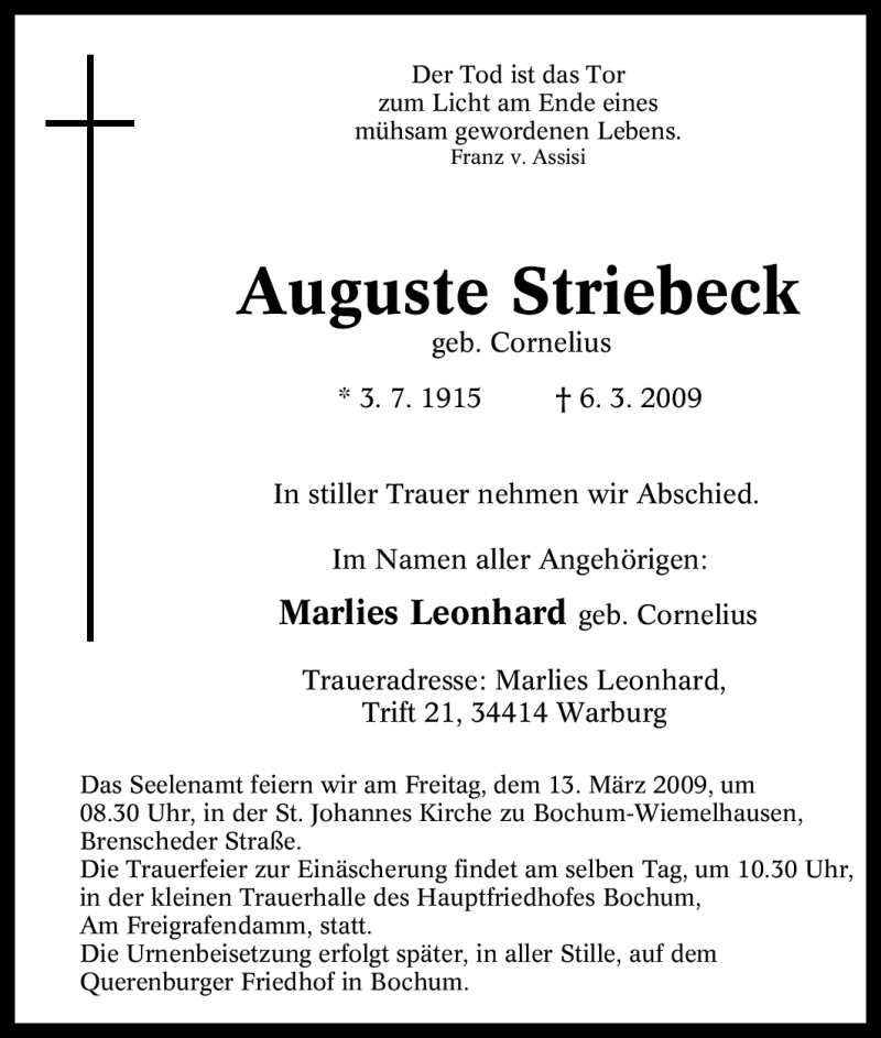  Traueranzeige für Auguste Striebeck vom 10.03.2009 aus Tageszeitung