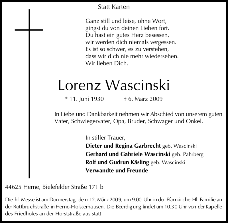  Traueranzeige für Lorenz Wascinski vom 09.03.2009 aus Tageszeitung