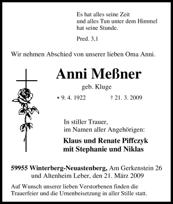 Traueranzeige von Anni Meßner von Tageszeitung