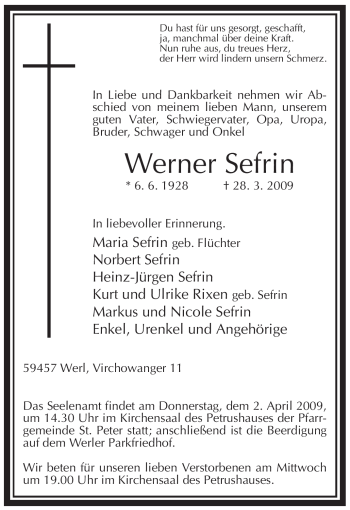 Traueranzeige von Werner Sefrin von Tageszeitung