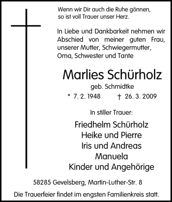 Traueranzeige von Marlies Schürholz von Tageszeitung