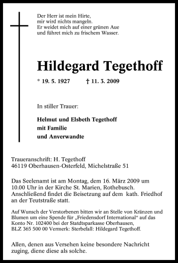 Traueranzeige von Hildegard Tegethoff von Tageszeitung