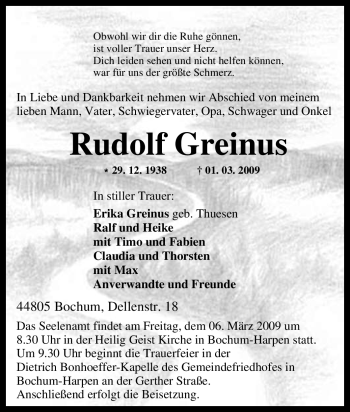 Traueranzeige von Rudolf Greinus von Tageszeitung