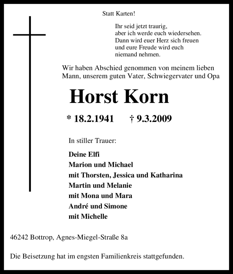 Traueranzeigen von Horst Korn TrauerinNRW.de