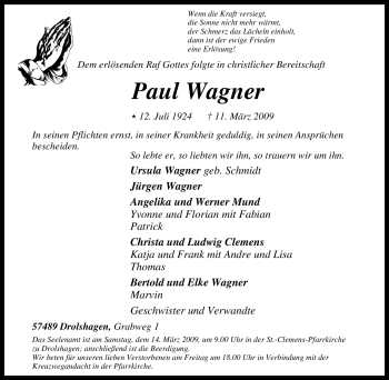 Traueranzeige von Paul Wagner von Tageszeitung