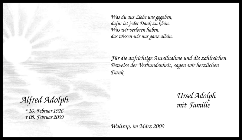  Traueranzeige für Alfred Adolph vom 09.03.2009 aus Tageszeitung