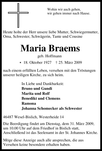 Traueranzeige von Maria Braems von Tageszeitung