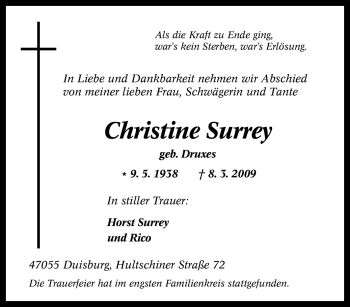 Traueranzeige von Christine Surrey von Tageszeitung