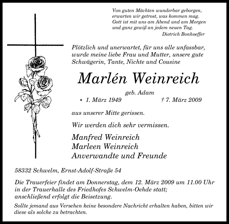  Traueranzeige für Marlén Weinreich vom 10.03.2009 aus Tageszeitung
