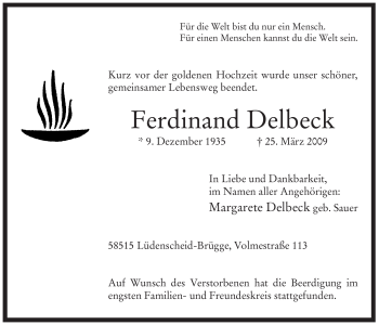 Traueranzeige von Ferdinand Delbeck von Tageszeitung