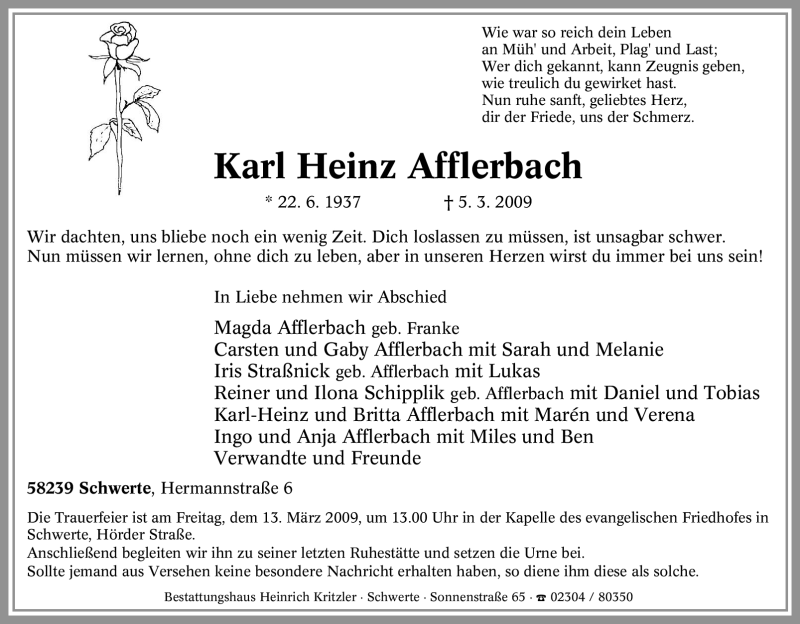  Traueranzeige für Karl Heinz Afflerbach vom 09.03.2009 aus Tageszeitung