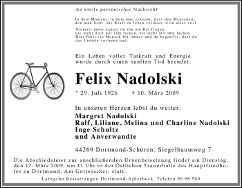Traueranzeige von Felix Nadolski von Tageszeitung
