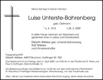 Traueranzeige von Luise Unterste-Bahrenberg von Tageszeitung