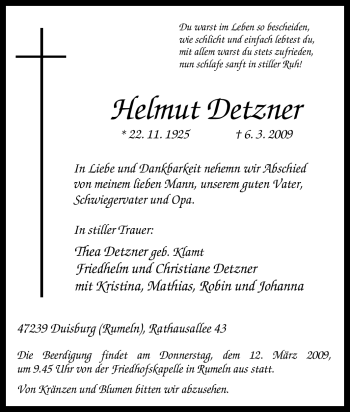 Traueranzeige von Helmut Detzner von Tageszeitung