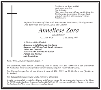 Traueranzeige von Anneliese Zora von Tageszeitung