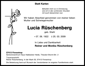 Traueranzeige von Lucia Rüschenberg von Tageszeitung