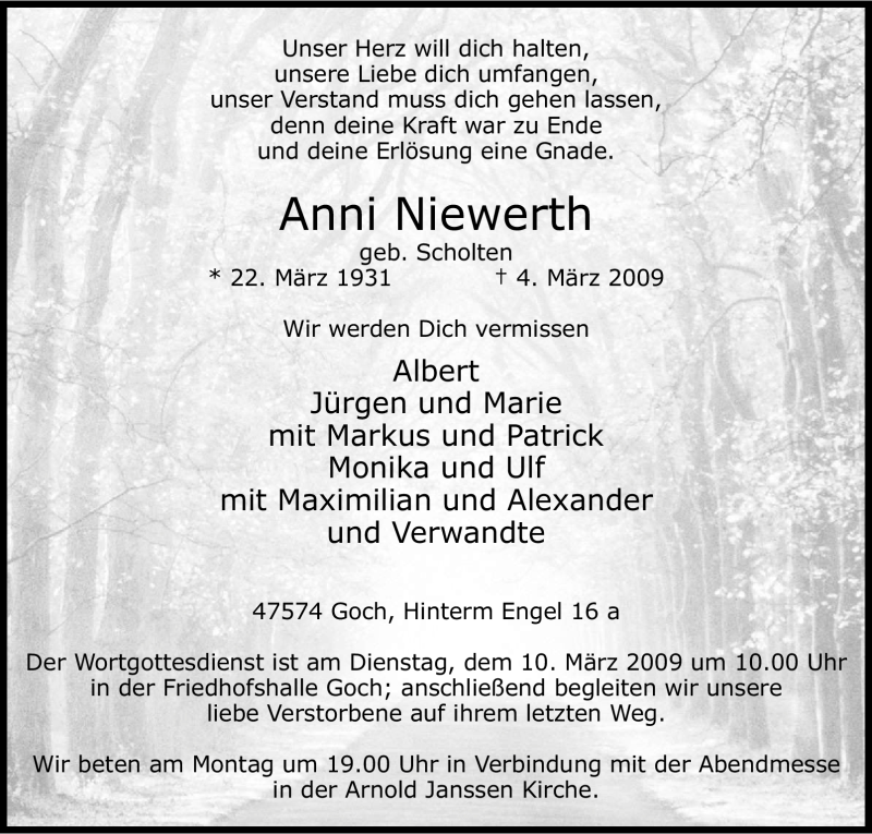  Traueranzeige für Anni Niewerth vom 09.03.2009 aus Tageszeitung