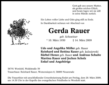 Traueranzeige von Gerda Rauer von Tageszeitung