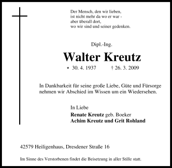 Traueranzeige von Walter Kreutz von Tageszeitung