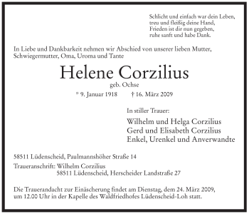 Traueranzeige von Helene Corzilius von Tageszeitung