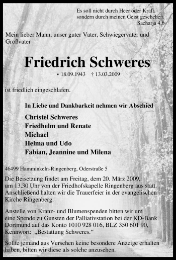 Traueranzeige von Friedrich Schweres von Tageszeitung