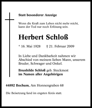 Traueranzeige von Herbert Schloß von Tageszeitung