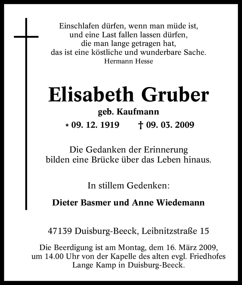  Traueranzeige für Elisabeth Gruber vom 12.03.2009 aus Tageszeitung