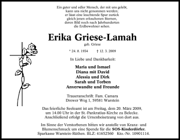 Traueranzeige von Erika Griese-Lamah von Tageszeitung
