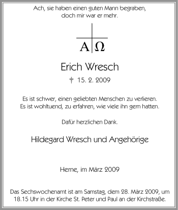 Traueranzeige von Erich Wresch von Tageszeitung