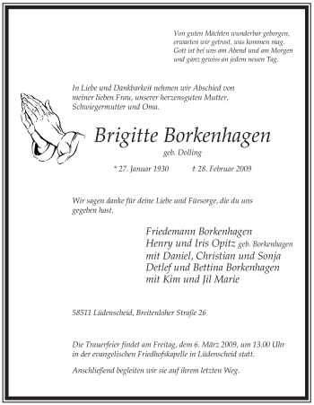 Traueranzeige von Brigitte Borkenhagen von Tageszeitung