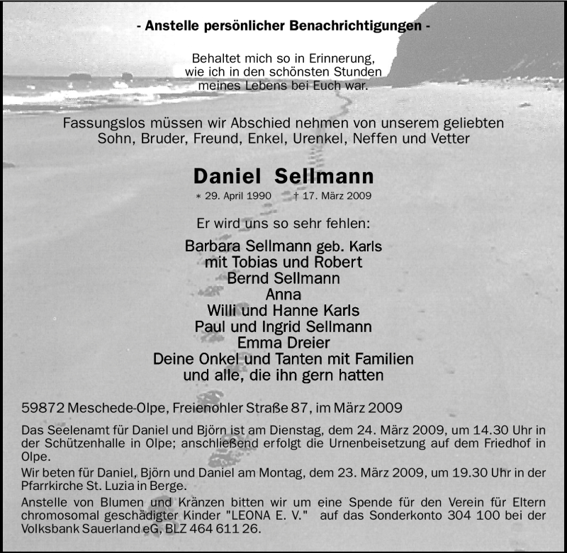  Traueranzeige für Daniel Sellmann vom 21.03.2009 aus Tageszeitung