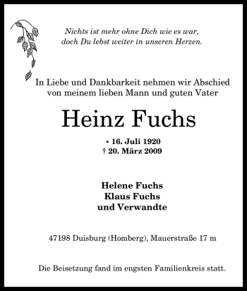 Traueranzeige von Heinz Fuchs von Tageszeitung