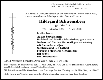 Traueranzeige von Hildegard Schweinsberg von Tageszeitung