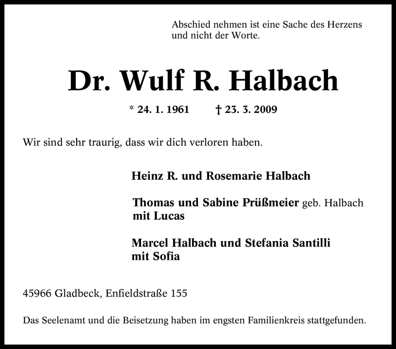  Traueranzeige für Wulf R. Halbach vom 30.03.2009 aus Tageszeitung