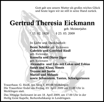 Traueranzeige von Gertrud Theresia Eickmann von Tageszeitung