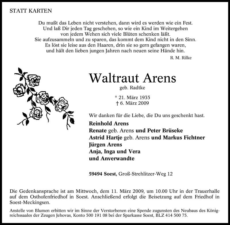 Traueranzeige für Waltraut Arens vom 09.03.2009 aus Tageszeitung