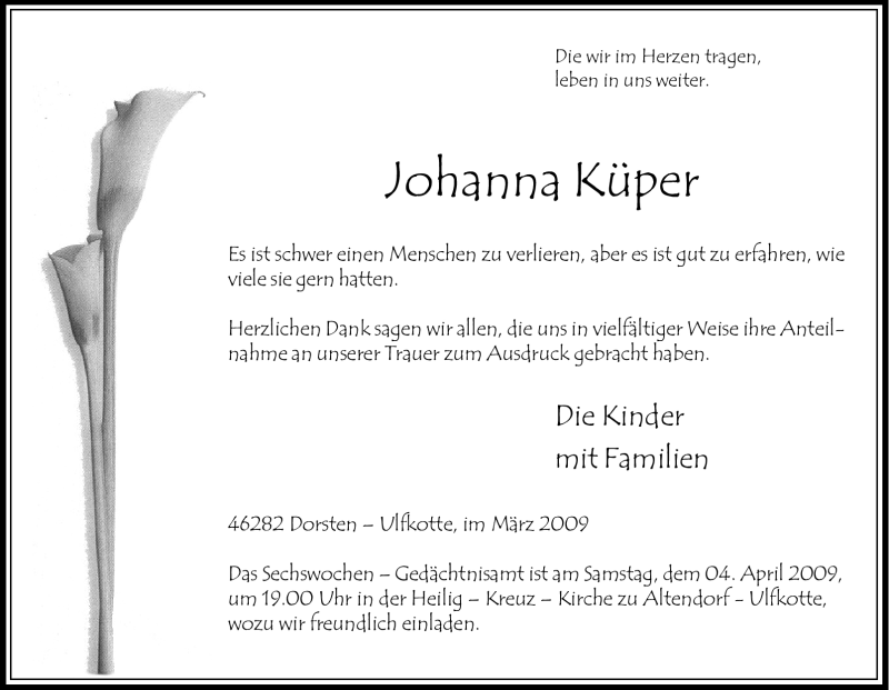 Traueranzeige für Johanna Küper vom 31.03.2009 aus Tageszeitung