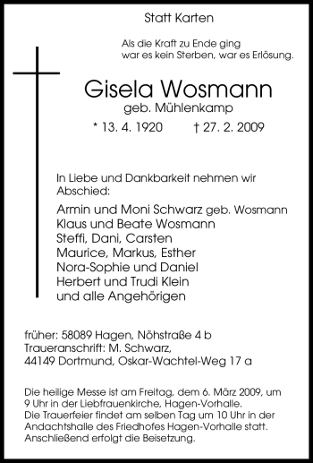 Traueranzeige von Gisela Wosmann von Tageszeitung