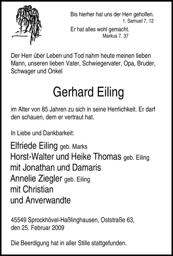 Traueranzeige von Gerhard Eiling von Tageszeitung