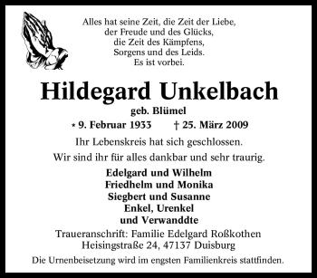 Traueranzeige von Hildegard Unkelbach von Tageszeitung