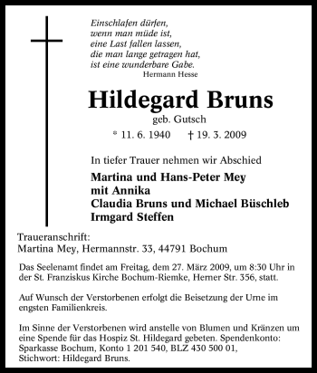 Traueranzeige von Hildegard Bruns von Tageszeitung