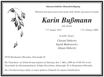 Traueranzeige von Karin Bußmann von Tageszeitung