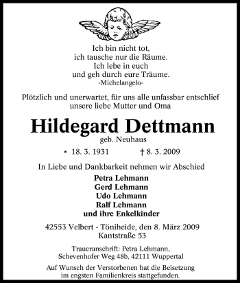 Traueranzeige von Hildegard Dettmann von Tageszeitung