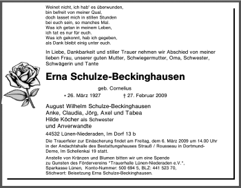 Traueranzeige von Erna Schulze-Beckinghausen von Tageszeitung