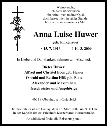 Traueranzeige von Anna Luise Huwer von Tageszeitung